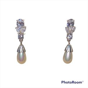 Vintage Silver Dangle Rhinestone & Faux Pearl Earrings